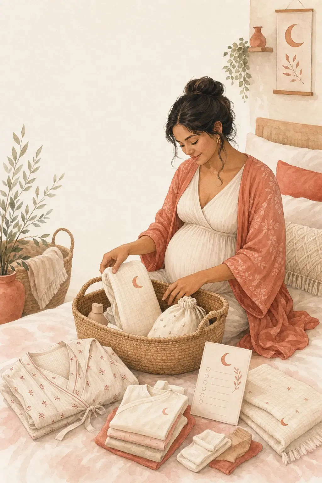Ilustración de una mamá preparando con calma la llegada de su bebé.
